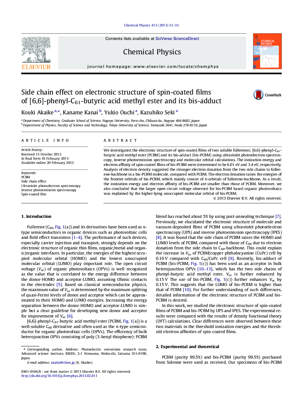 Side chain effect on electronic structure of spin-coated films of [6,6]-phenyl-C61-butyric acid methyl ester and its bis-adduct