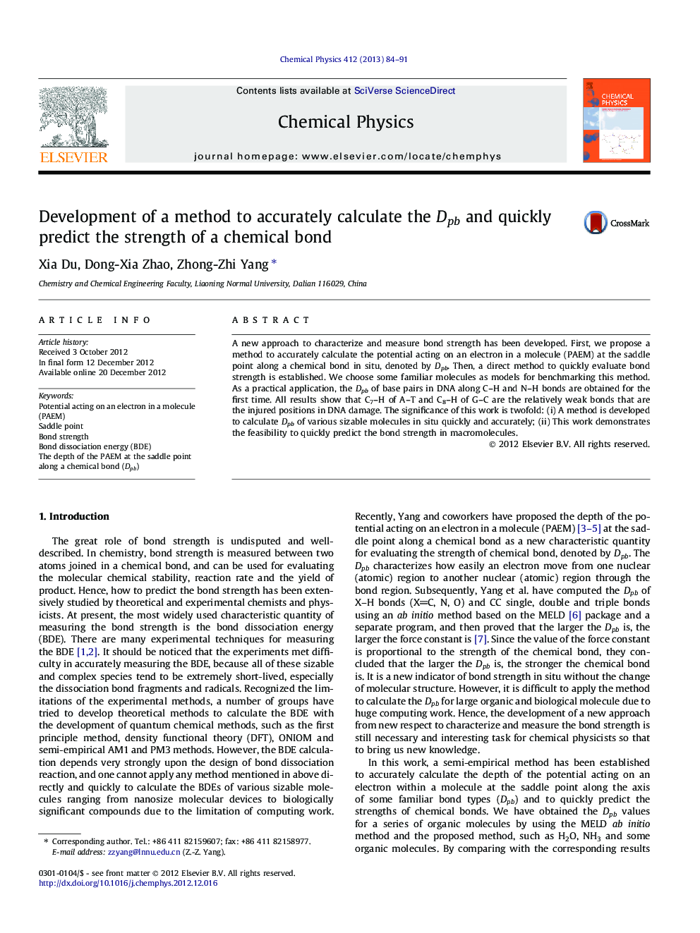 عکس صفحه اول مقاله: Development of a method to accurately calculate the Dpb and quickly predict the strength of a chemical bond Development of a method to accurately calculate the Dpb and quickly predict the strength of a chemical bond