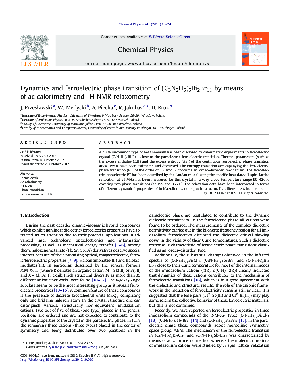 Dynamics and ferroelectric phase transition of (C3N2H5)5Bi2Br11 by means of ac calorimetry and 1H NMR relaxometry