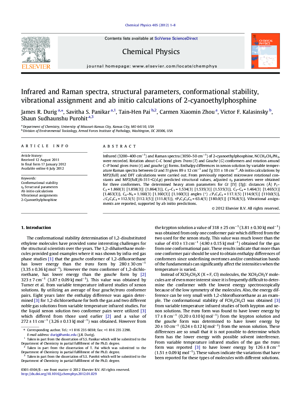 Infrared and Raman spectra, structural parameters, conformational stability, vibrational assignment and ab initio calculations of 2-cyanoethylphosphine