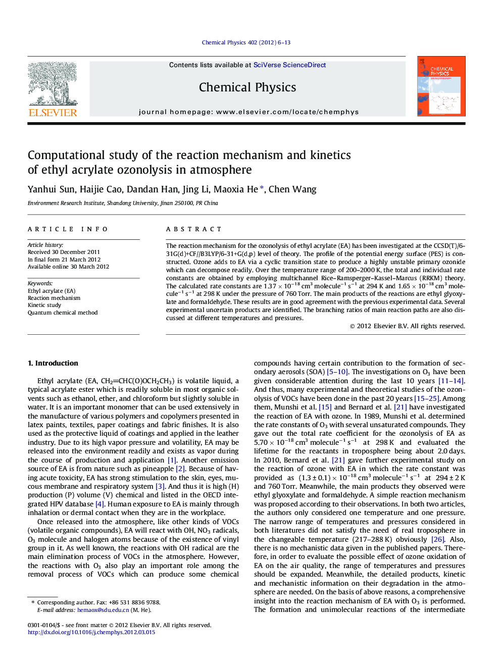 Computational study of the reaction mechanism and kinetics of ethyl acrylate ozonolysis in atmosphere