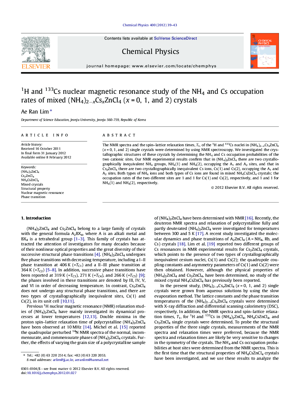 1H and 133Cs nuclear magnetic resonance study of the NH4 and Cs occupation rates of mixed (NH4)2âxCsxZnCl4 (xÂ =Â 0, 1, and 2) crystals