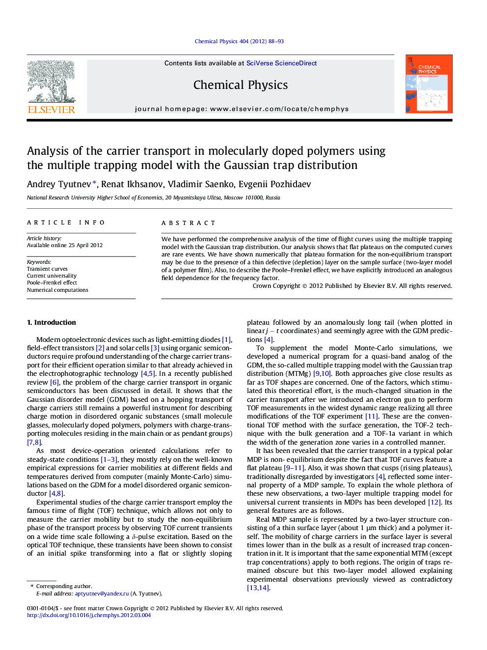 Analysis of the carrier transport in molecularly doped polymers using the multiple trapping model with the Gaussian trap distribution