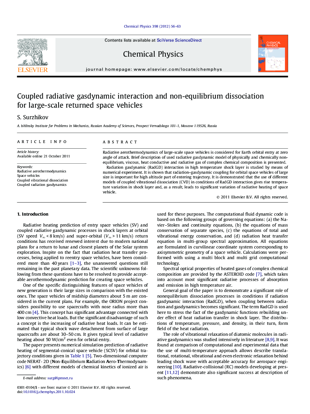 Coupled radiative gasdynamic interaction and non-equilibrium dissociation for large-scale returned space vehicles