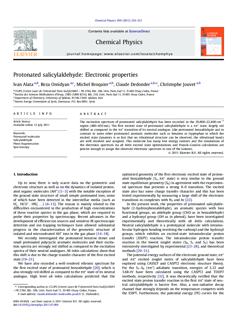 Protonated salicylaldehyde: Electronic properties