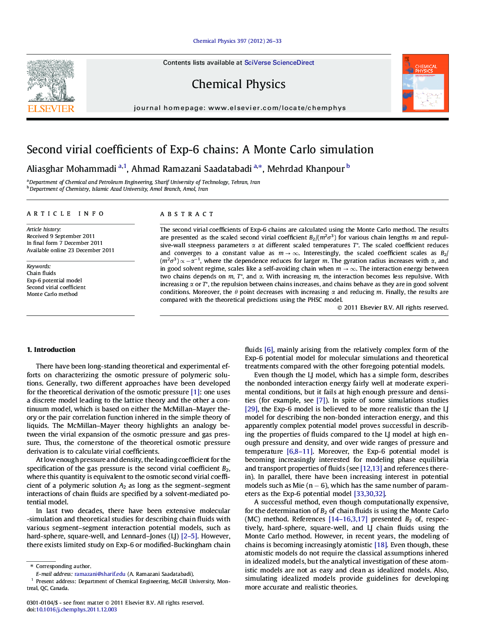 Second virial coefficients of Exp-6 chains: A Monte Carlo simulation