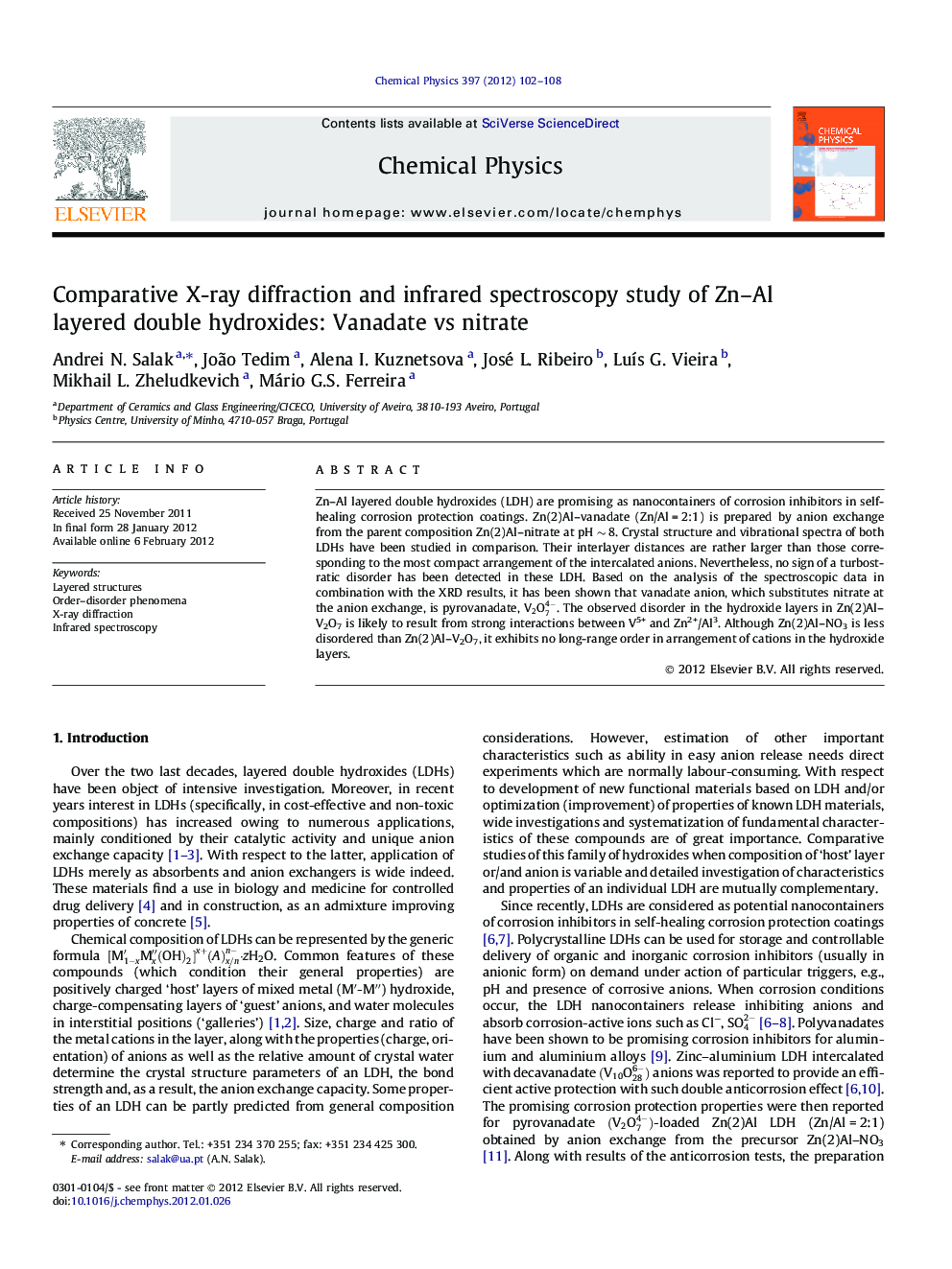 Comparative X-ray diffraction and infrared spectroscopy study of Zn-Al layered double hydroxides: Vanadate vs nitrate