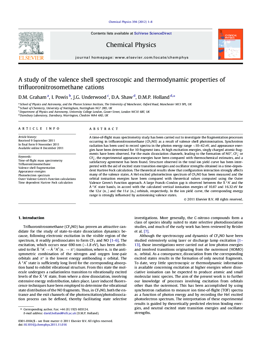 عکس صفحه اول مقاله: A study of the valence shell spectroscopic and thermodynamic properties of trifluoronitrosomethane cations A study of the valence shell spectroscopic and thermodynamic properties of trifluoronitrosomethane cations