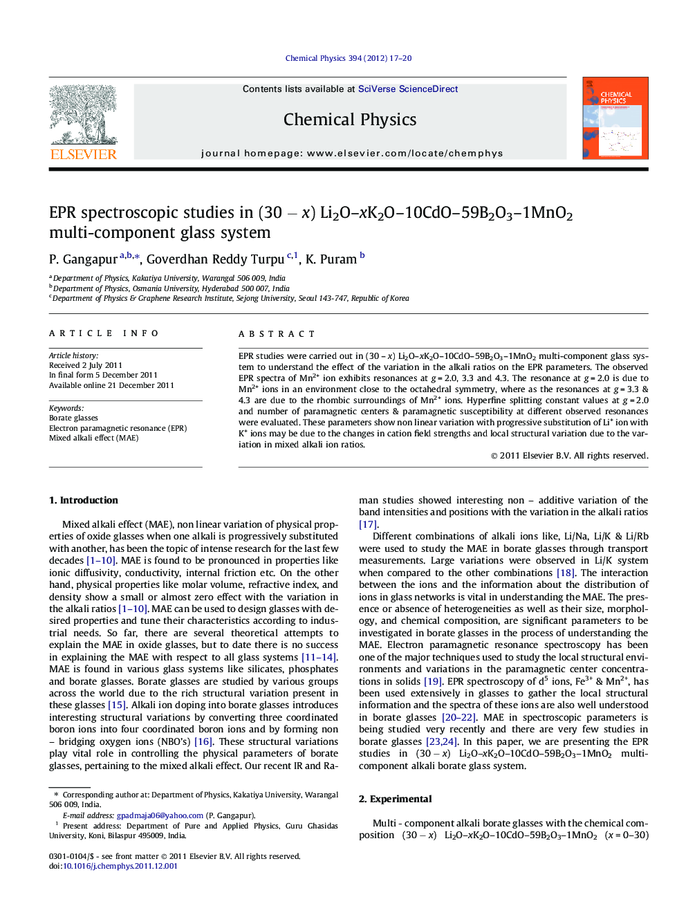 EPR spectroscopic studies in (30Â âÂ x) Li2O-xK2O-10CdO-59B2O3-1MnO2 multi-component glass system