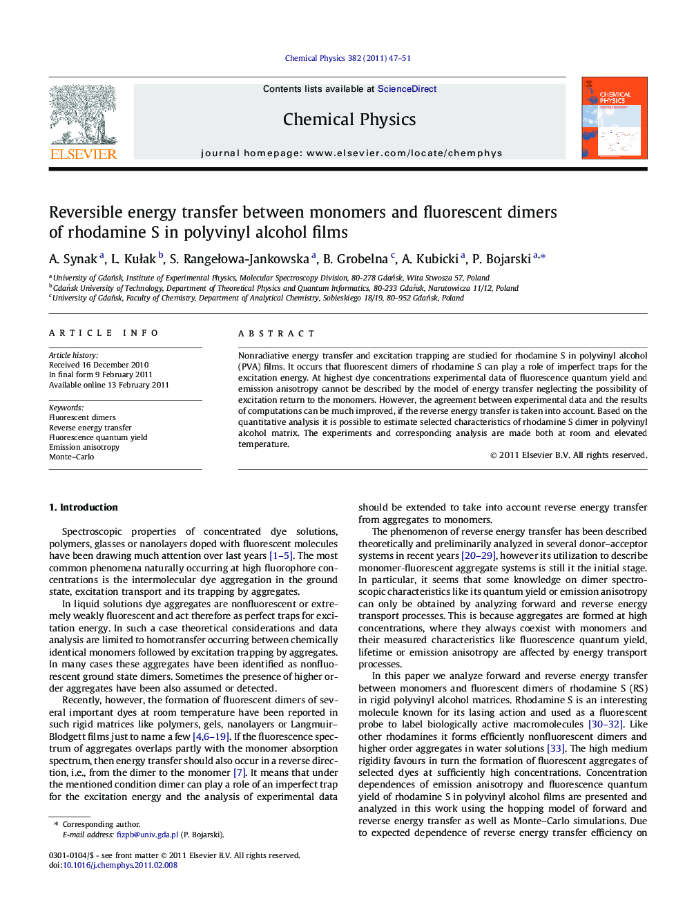 Reversible energy transfer between monomers and fluorescent dimers of rhodamine S in polyvinyl alcohol films