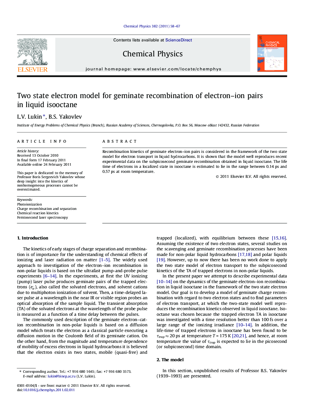 Two state electron model for geminate recombination of electron-ion pairs in liquid isooctane