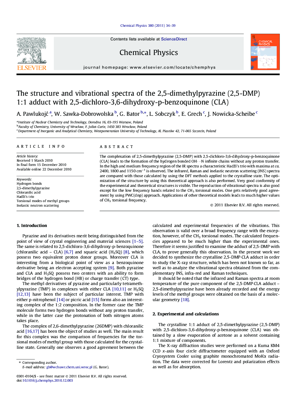 The structure and vibrational spectra of the 2,5-dimethylpyrazine (2,5-DMP) 1:1 adduct with 2,5-dichloro-3,6-dihydroxy-p-benzoquinone (CLA)