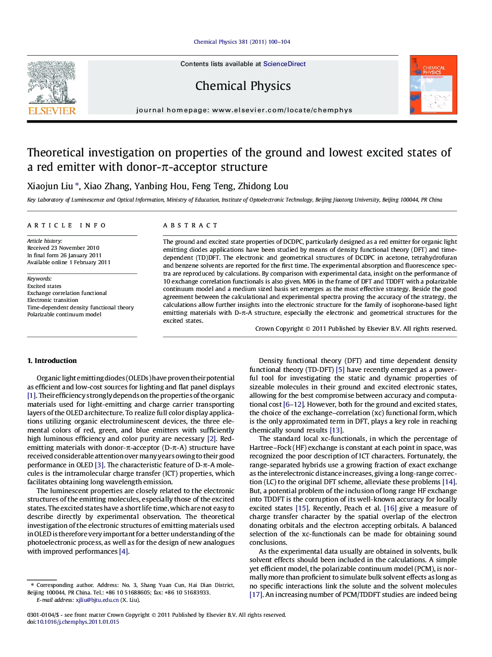 Theoretical investigation on properties of the ground and lowest excited states of a red emitter with donor-Ï-acceptor structure