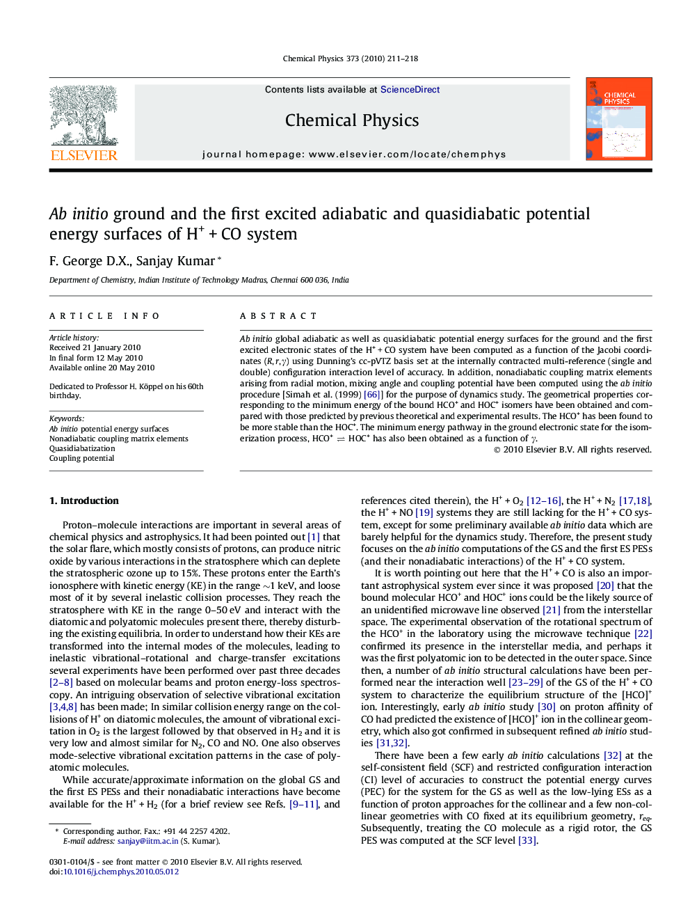 Ab initio ground and the first excited adiabatic and quasidiabatic potential energy surfaces of H+Â +Â CO system