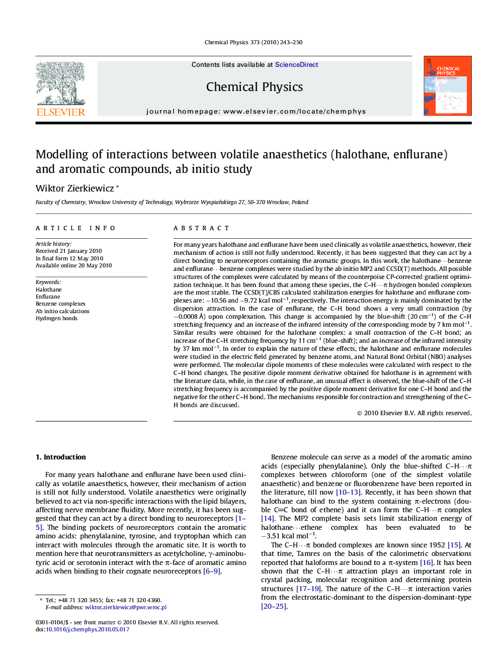 Modelling of interactions between volatile anaesthetics (halothane, enflurane) and aromatic compounds, ab initio study