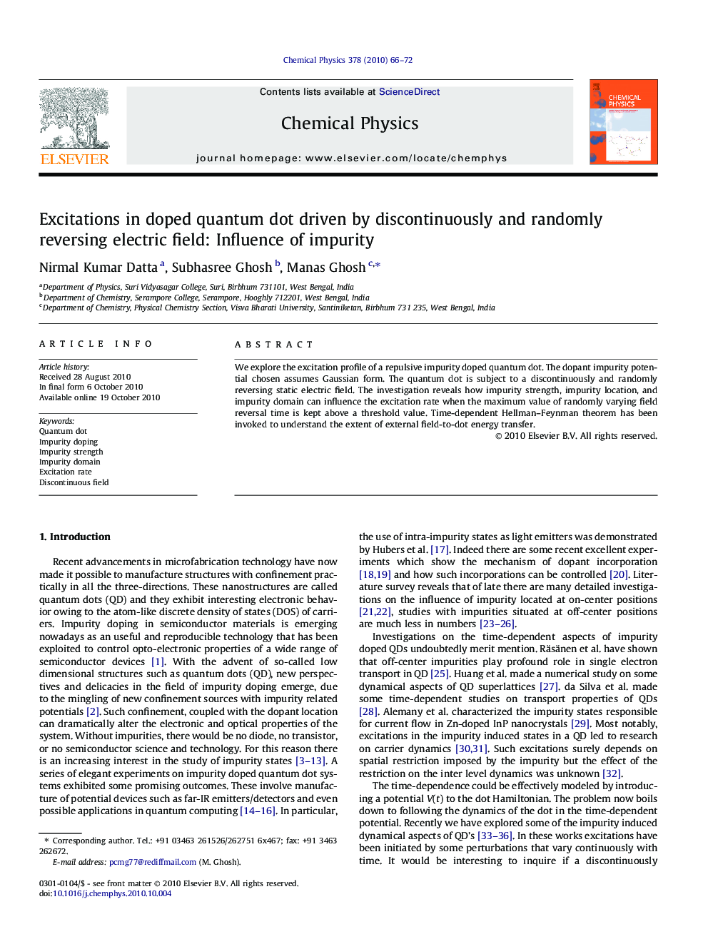 Excitations in doped quantum dot driven by discontinuously and randomly reversing electric field: Influence of impurity