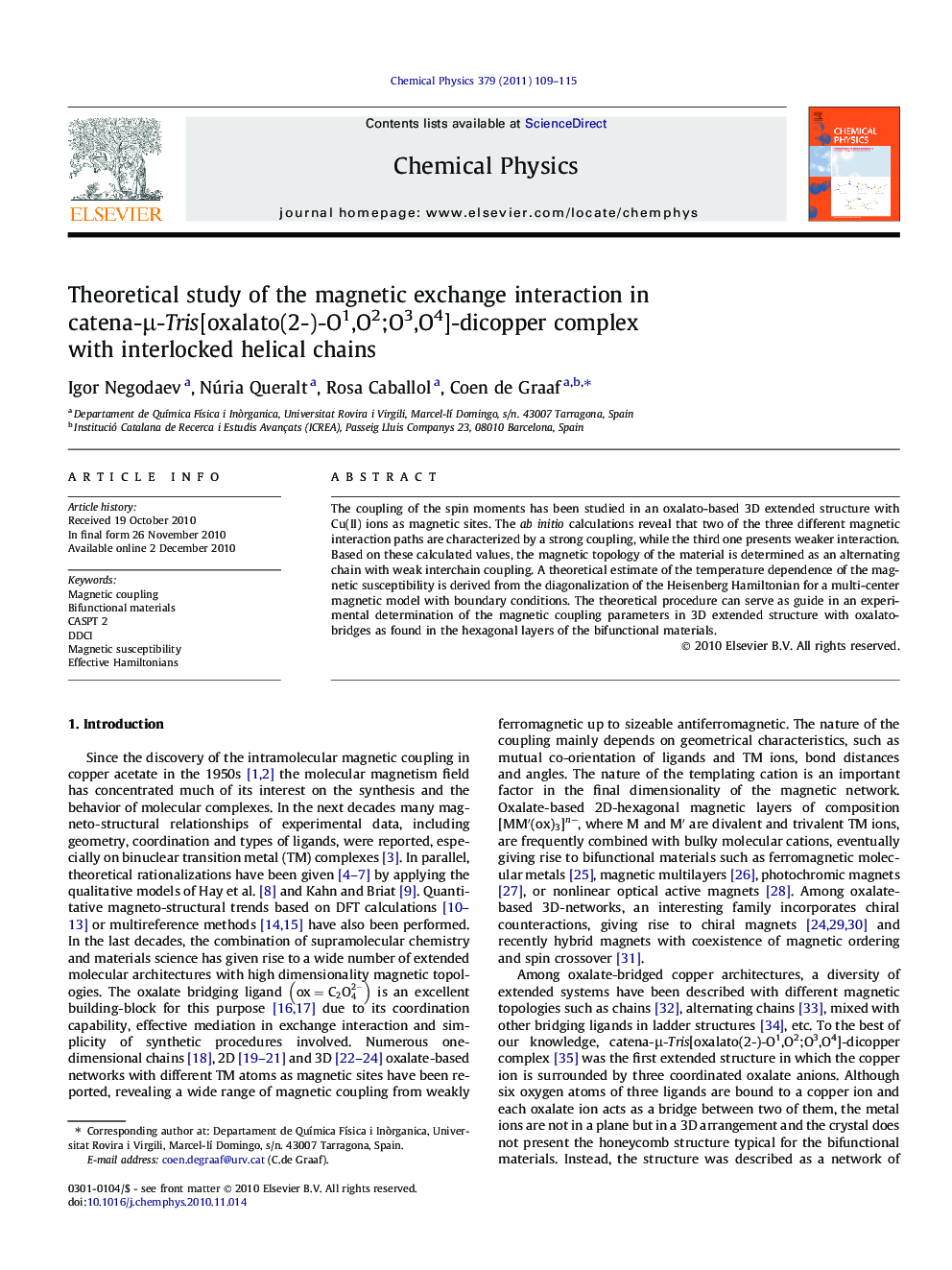 Theoretical study of the magnetic exchange interaction in catena-Î¼-Tris[oxalato(2-)-O1,O2;O3,O4]-dicopper complex with interlocked helical chains