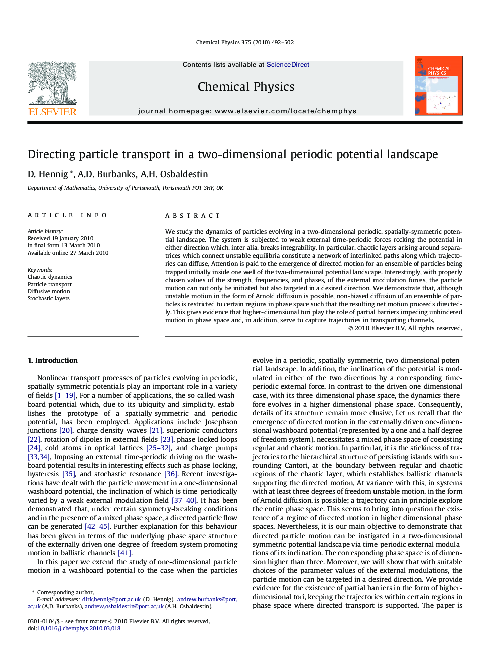 عکس صفحه اول مقاله: Directing particle transport in a two-dimensional periodic potential landscape Directing particle transport in a two-dimensional periodic potential landscape