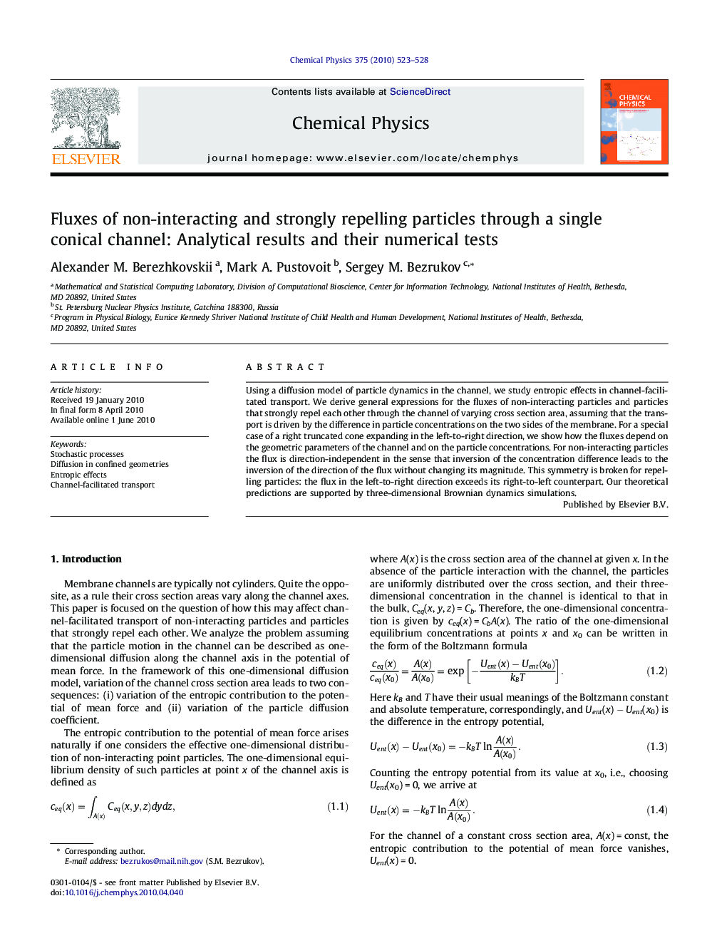 عکس صفحه اول مقاله: Fluxes of non-interacting and strongly repelling particles through a single conical channel: Analytical results and their numerical tests Fluxes of non-interacting and strongly repelling particles through a single conical channel: Analytical results and their numerical tests