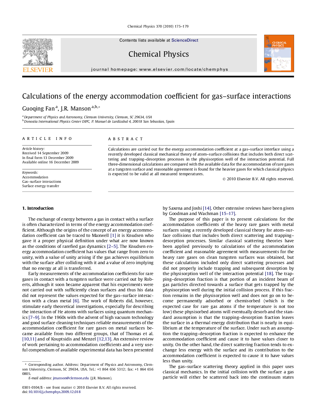 عکس صفحه اول مقاله: Calculations of the energy accommodation coefficient for gas-surface interactions Calculations of the energy accommodation coefficient for gas-surface interactions