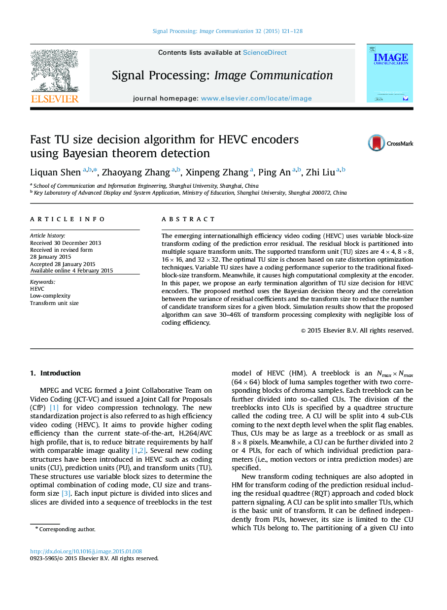 Fast TU size decision algorithm for HEVC encoders using Bayesian theorem detection