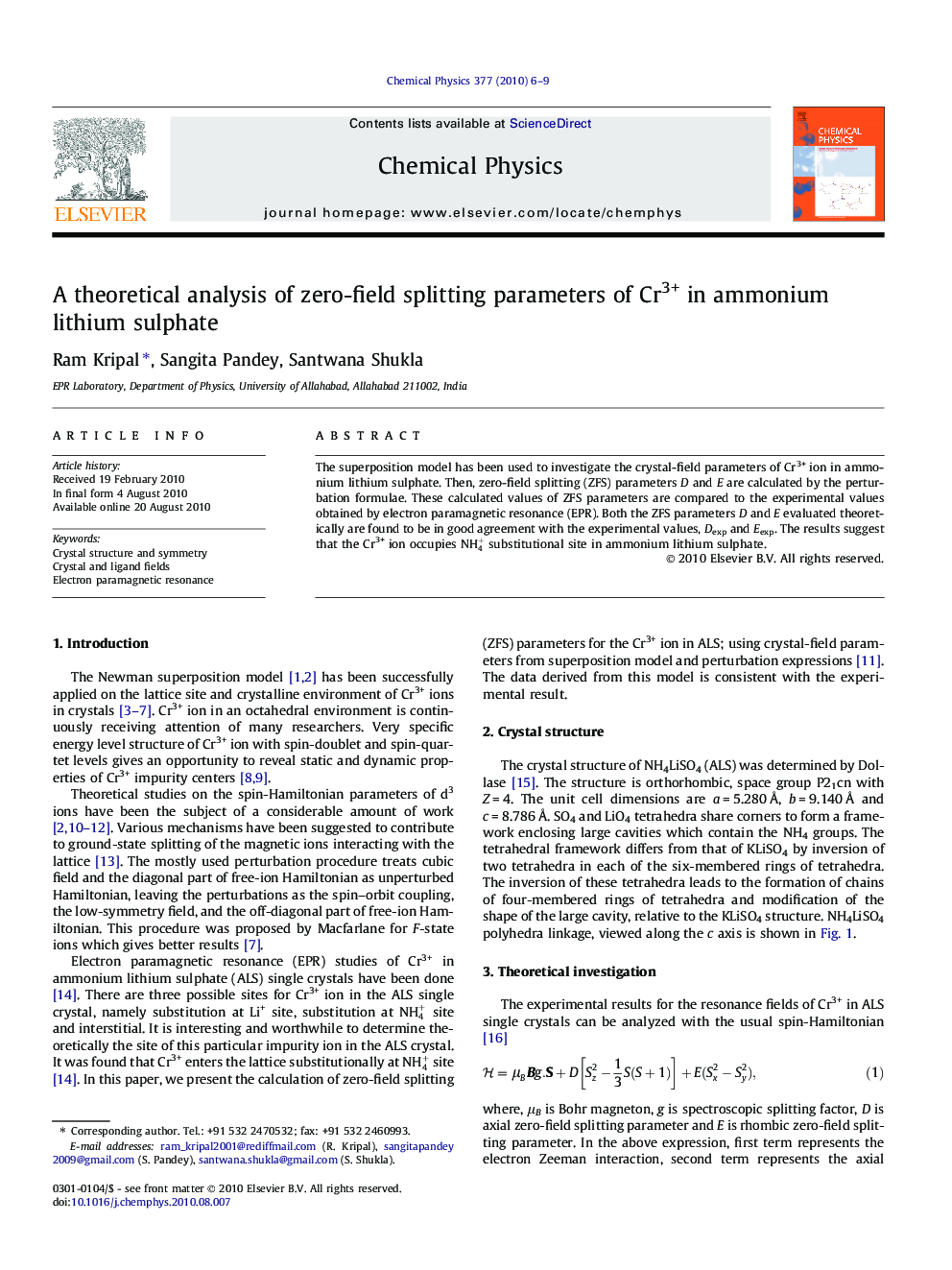 A theoretical analysis of zero-field splitting parameters of Cr3+ in ammonium lithium sulphate