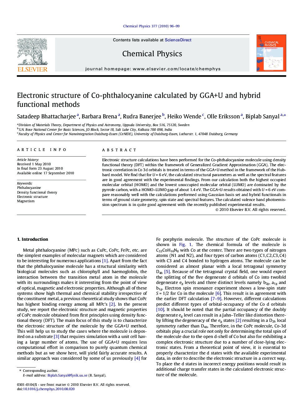 Electronic structure of Co-phthalocyanine calculated by GGA+U and hybrid functional methods