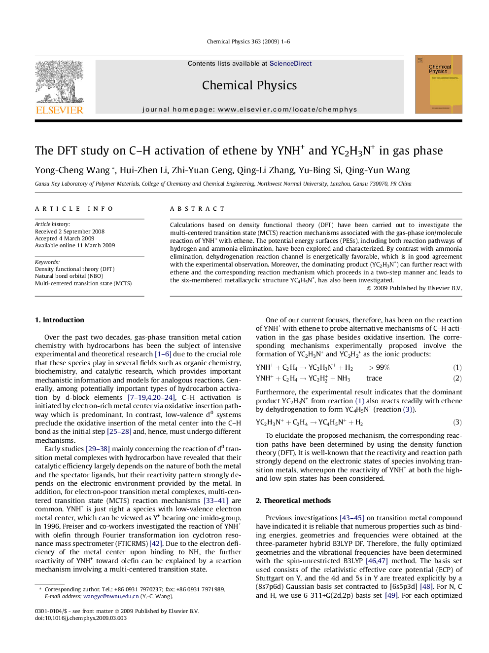 The DFT study on C-H activation of ethene by YNH+ and YC2H3N+ in gas phase