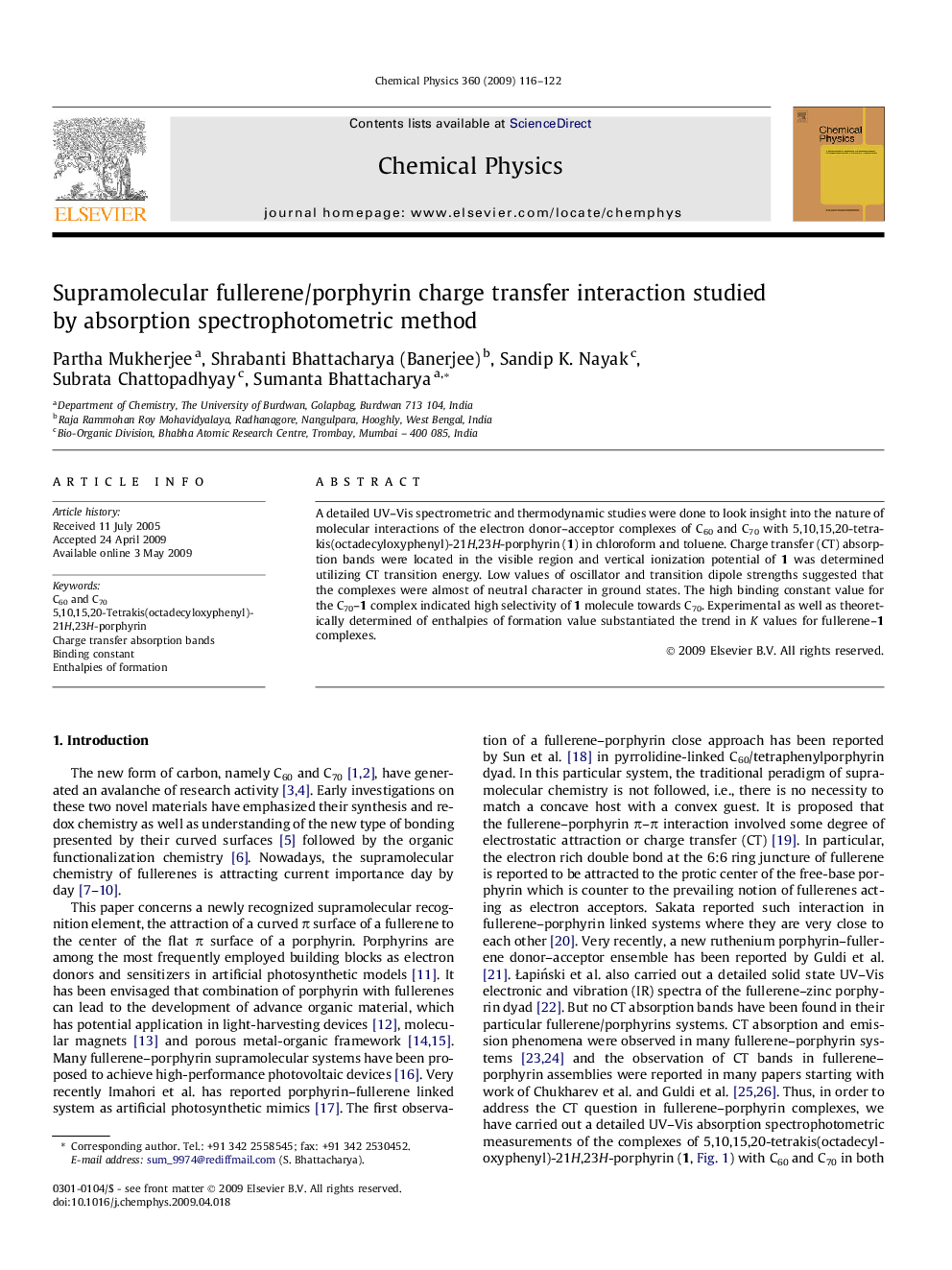 Supramolecular fullerene/porphyrin charge transfer interaction studied by absorption spectrophotometric method