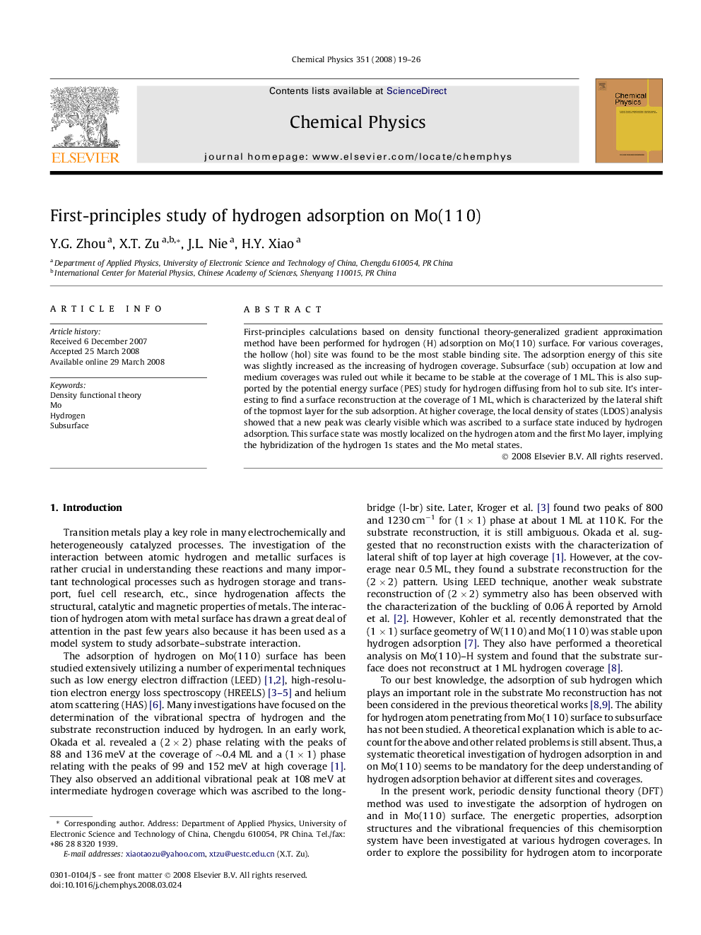 First-principles study of hydrogen adsorption on Mo(1 1 0)