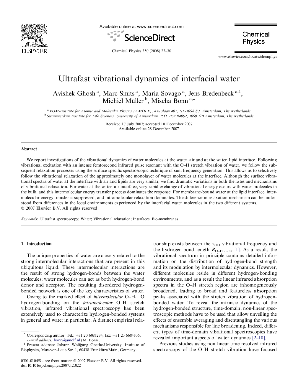 Ultrafast vibrational dynamics of interfacial water