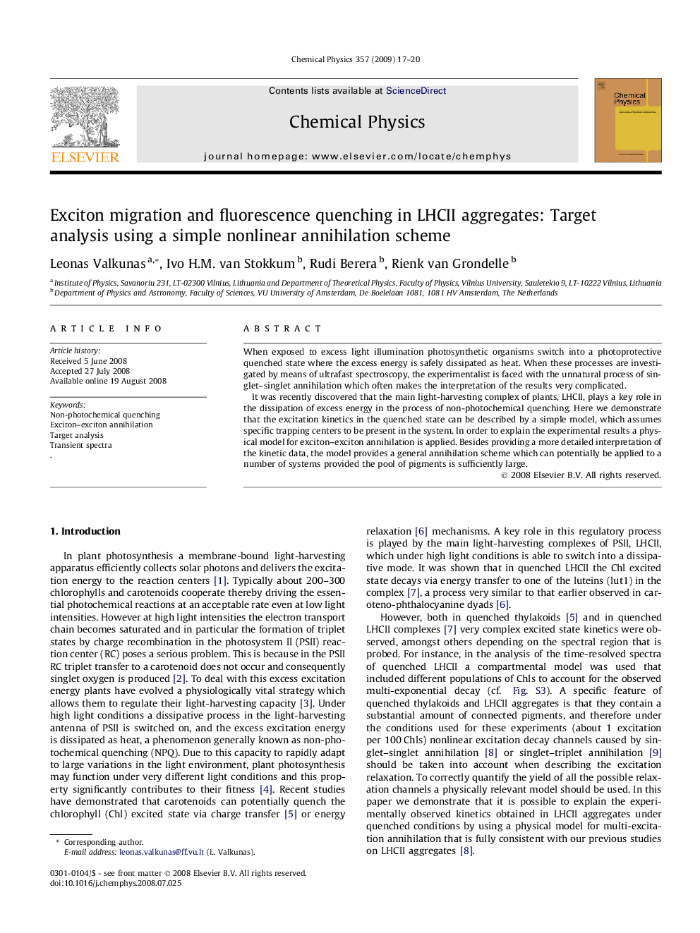 عکس صفحه اول مقاله: Exciton migration and fluorescence quenching in LHCII aggregates: Target analysis using a simple nonlinear annihilation scheme Exciton migration and fluorescence quenching in LHCII aggregates: Target analysis using a simple nonlinear annihilation scheme