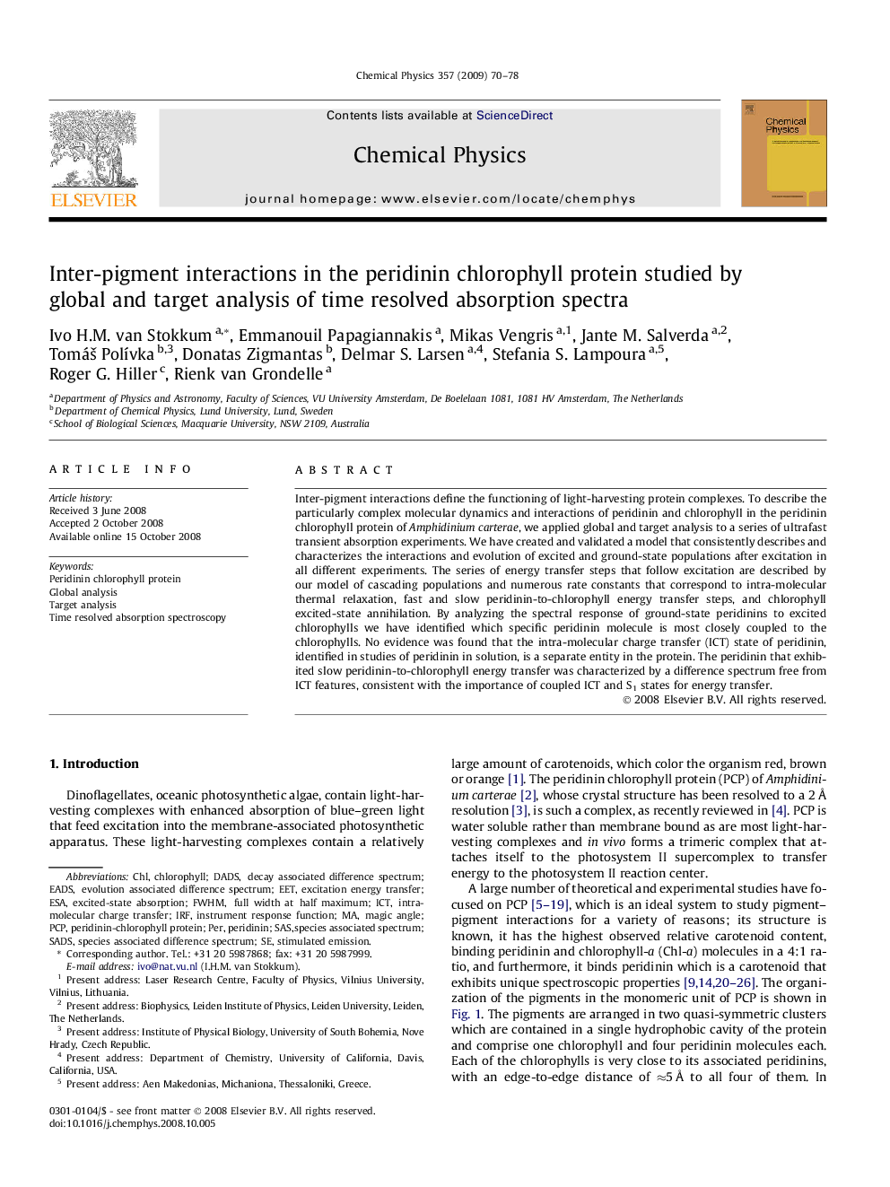 Inter-pigment interactions in the peridinin chlorophyll protein studied by global and target analysis of time resolved absorption spectra