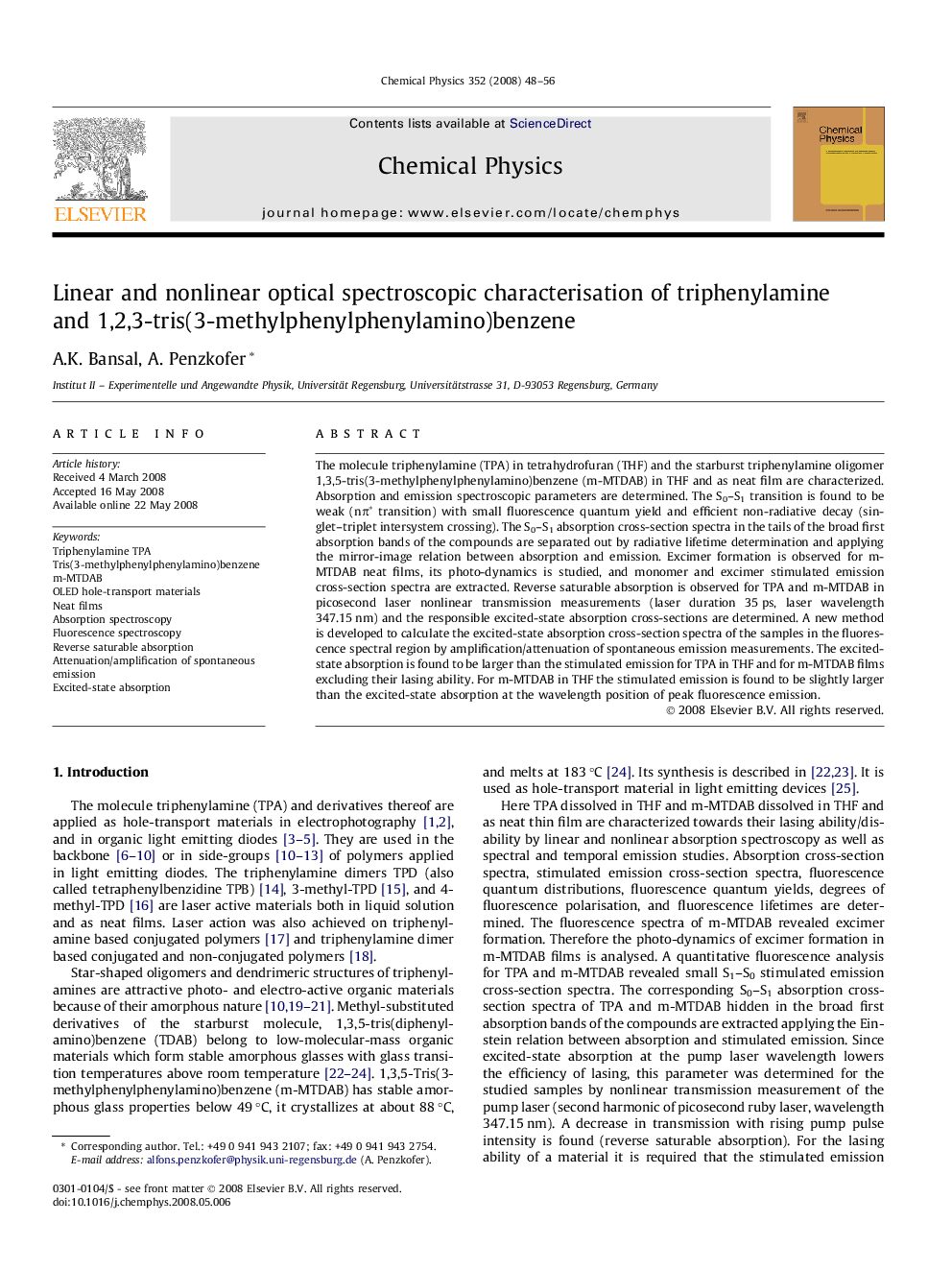 Linear and nonlinear optical spectroscopic characterisation of triphenylamine and 1,2,3-tris(3-methylphenylphenylamino)benzene