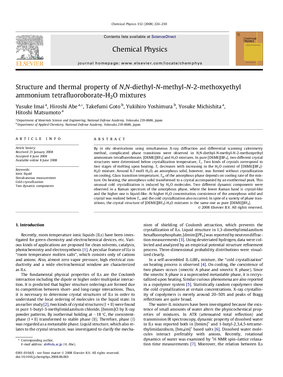 Structure and thermal property of N,N-diethyl-N-methyl-N-2-methoxyethyl ammonium tetrafluoroborate-H2O mixtures