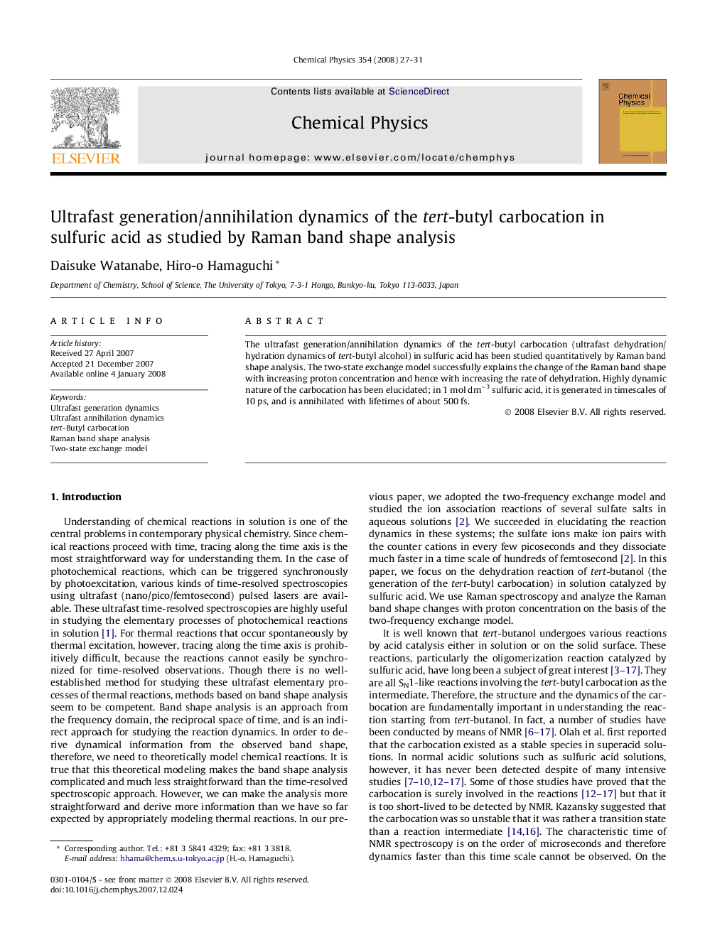 Ultrafast generation/annihilation dynamics of the tert-butyl carbocation in sulfuric acid as studied by Raman band shape analysis