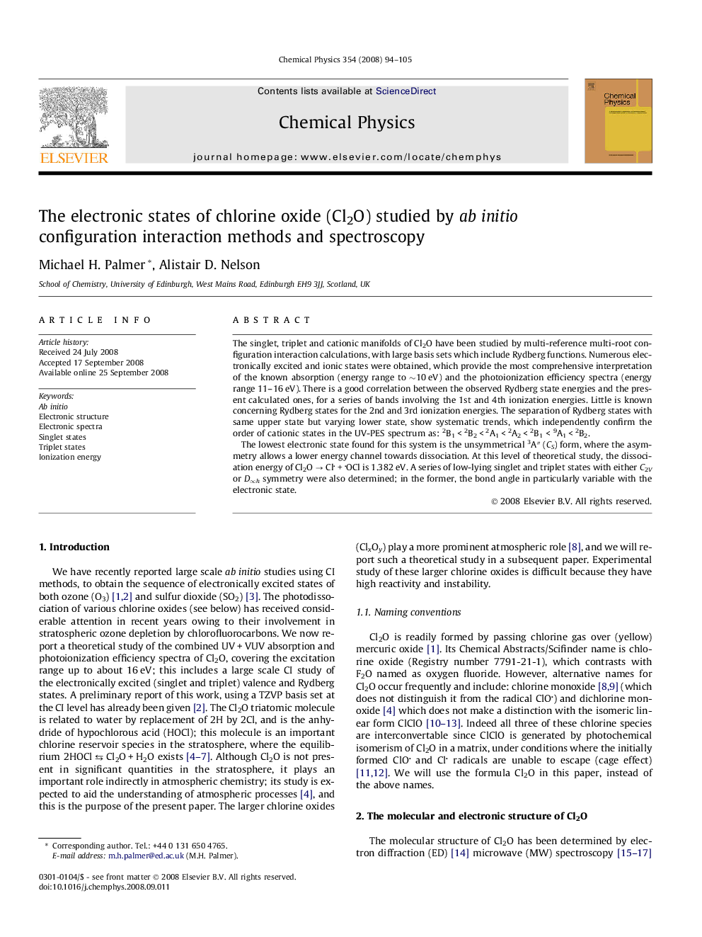 The electronic states of chlorine oxide (Cl2O) studied by ab initio configuration interaction methods and spectroscopy