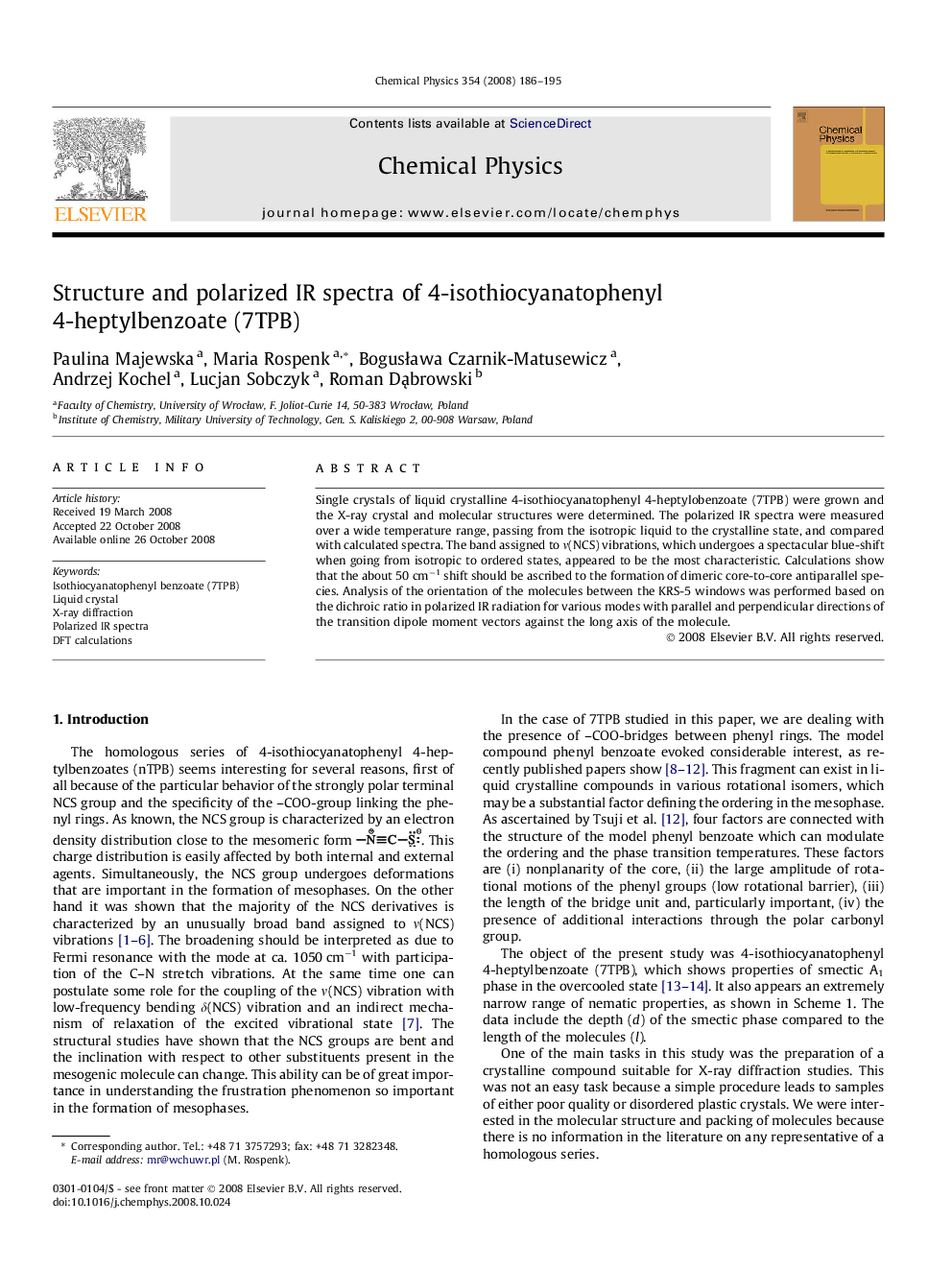 Structure and polarized IR spectra of 4-isothiocyanatophenyl 4-heptylbenzoate (7TPB)