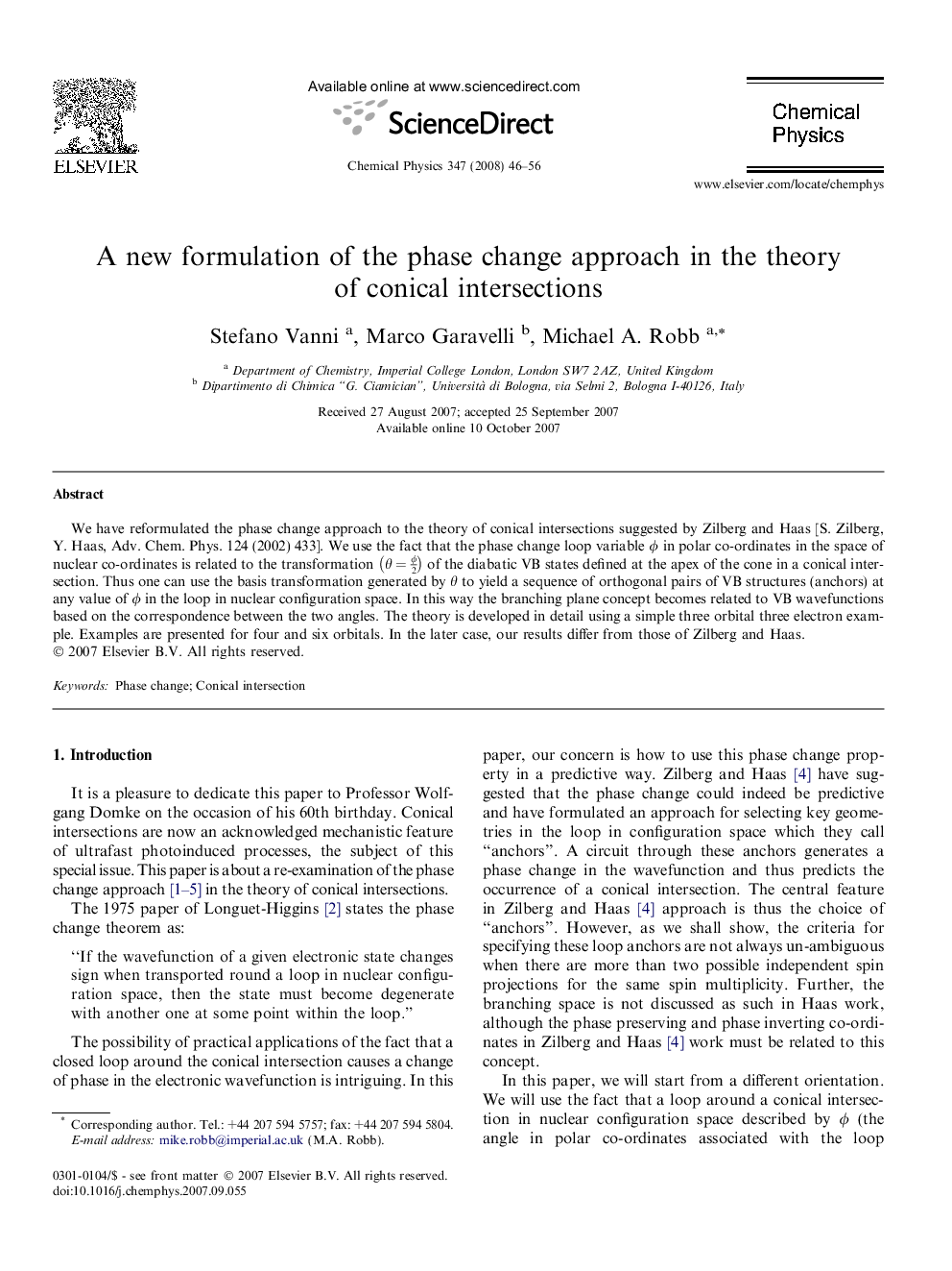 A new formulation of the phase change approach in the theory of conical intersections