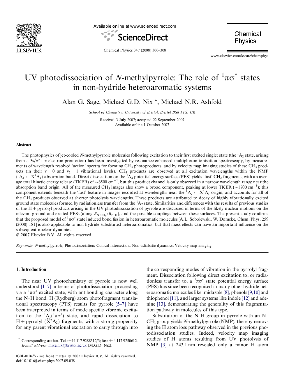 UV photodissociation of N-methylpyrrole: The role of 1ÏÏâ states in non-hydride heteroaromatic systems