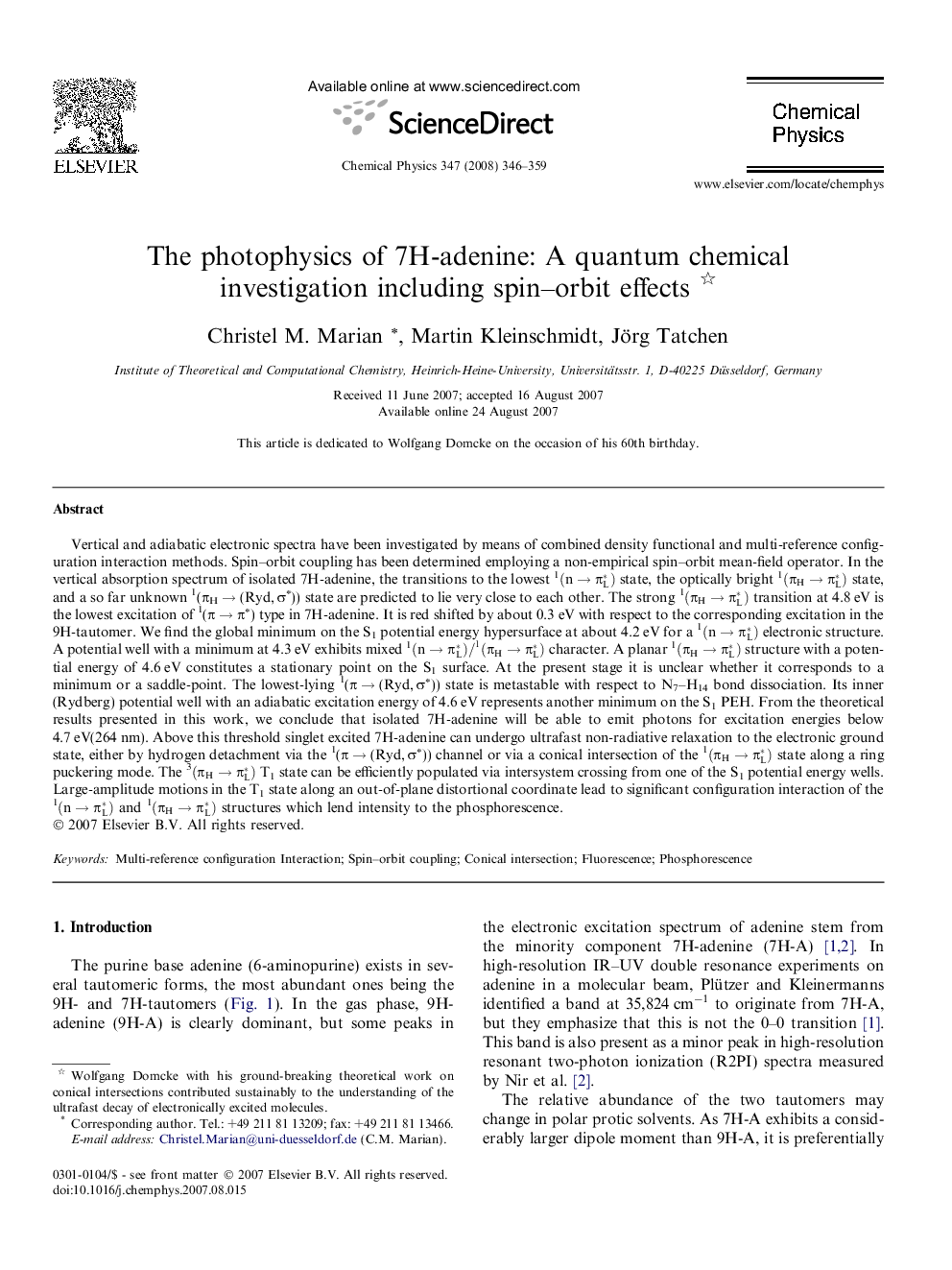 The photophysics of 7H-adenine: A quantum chemical investigation including spin-orbit effects