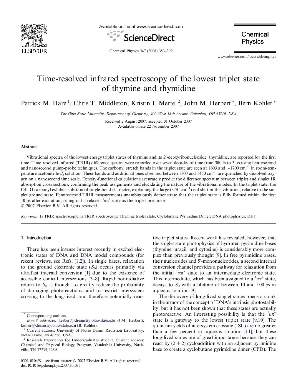 Time-resolved infrared spectroscopy of the lowest triplet state of thymine and thymidine