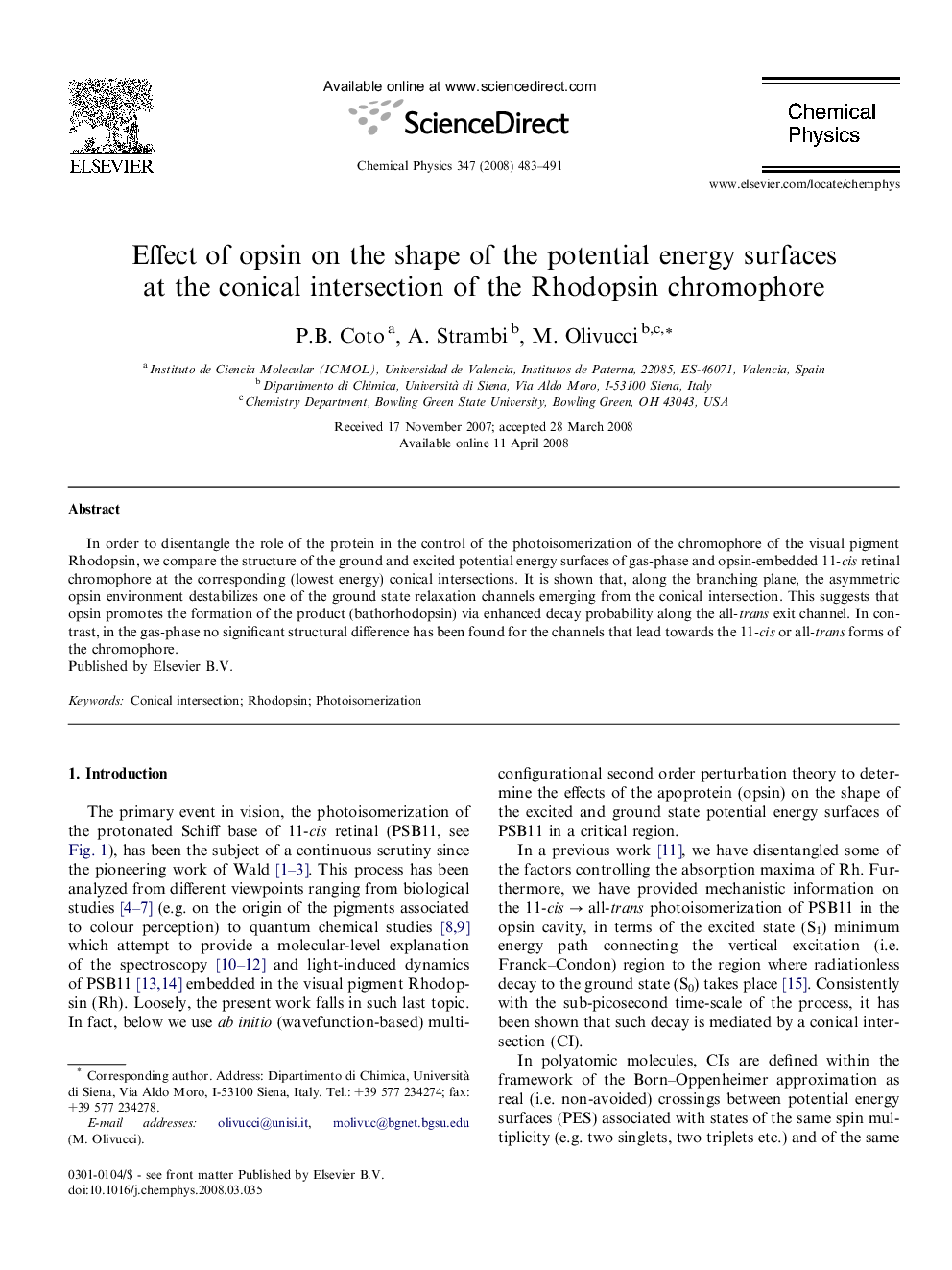 Effect of opsin on the shape of the potential energy surfaces at the conical intersection of the Rhodopsin chromophore