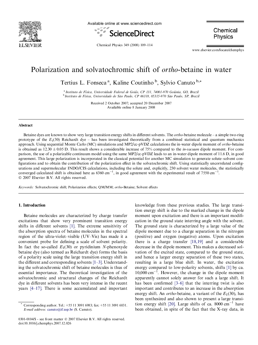 عکس صفحه اول مقاله: Polarization and solvatochromic shift of ortho-betaine in water Polarization and solvatochromic shift of ortho-betaine in water
