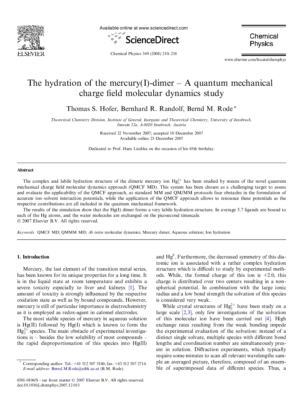 عکس صفحه اول مقاله: The hydration of the mercury(I)-dimer - A quantum mechanical charge field molecular dynamics study The hydration of the mercury(I)-dimer - A quantum mechanical charge field molecular dynamics study