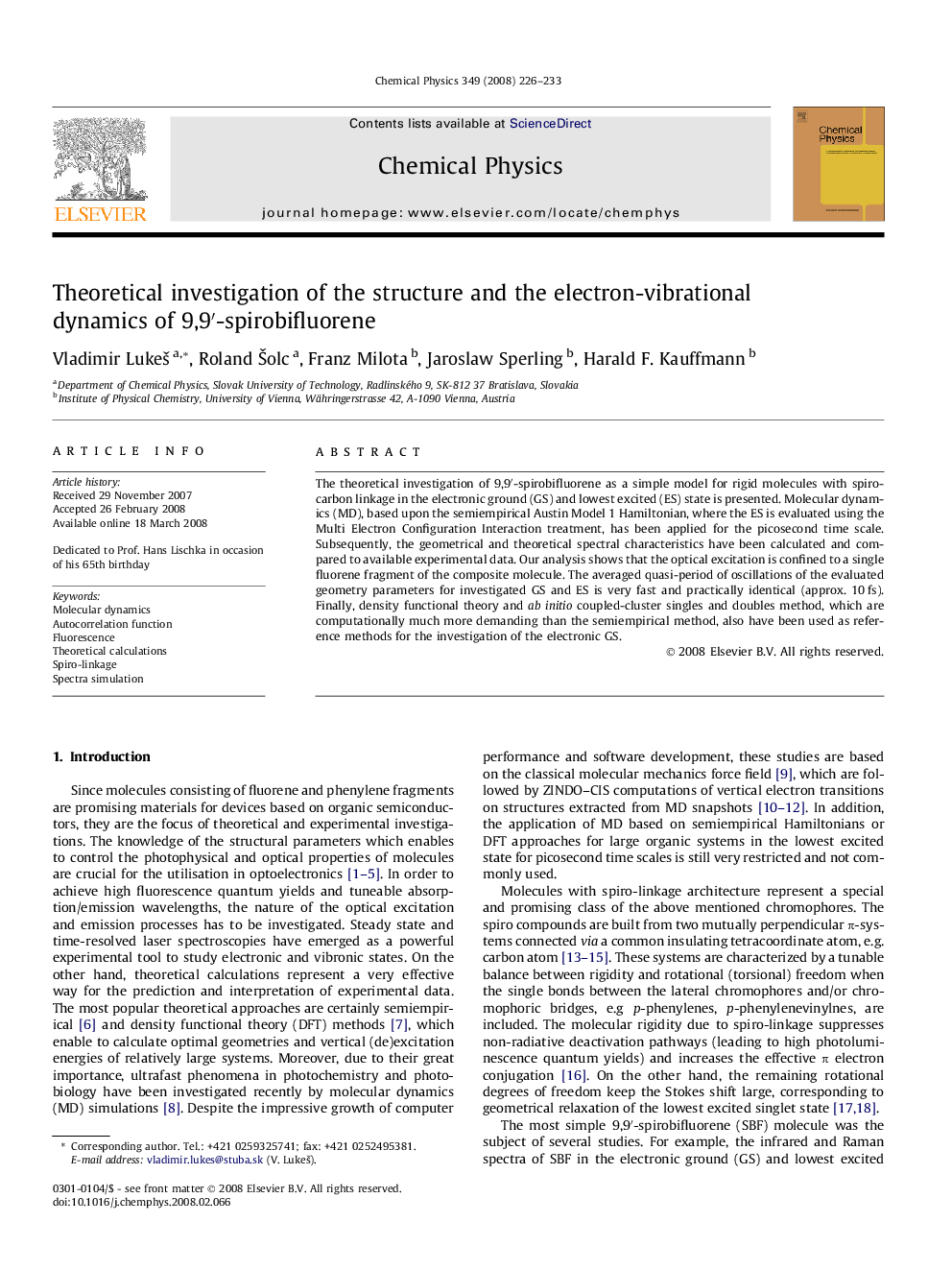 عکس صفحه اول مقاله: Theoretical investigation of the structure and the electron-vibrational dynamics of 9,9â²-spirobifluorene Theoretical investigation of the structure and the electron-vibrational dynamics of 9,9â²-spirobifluorene