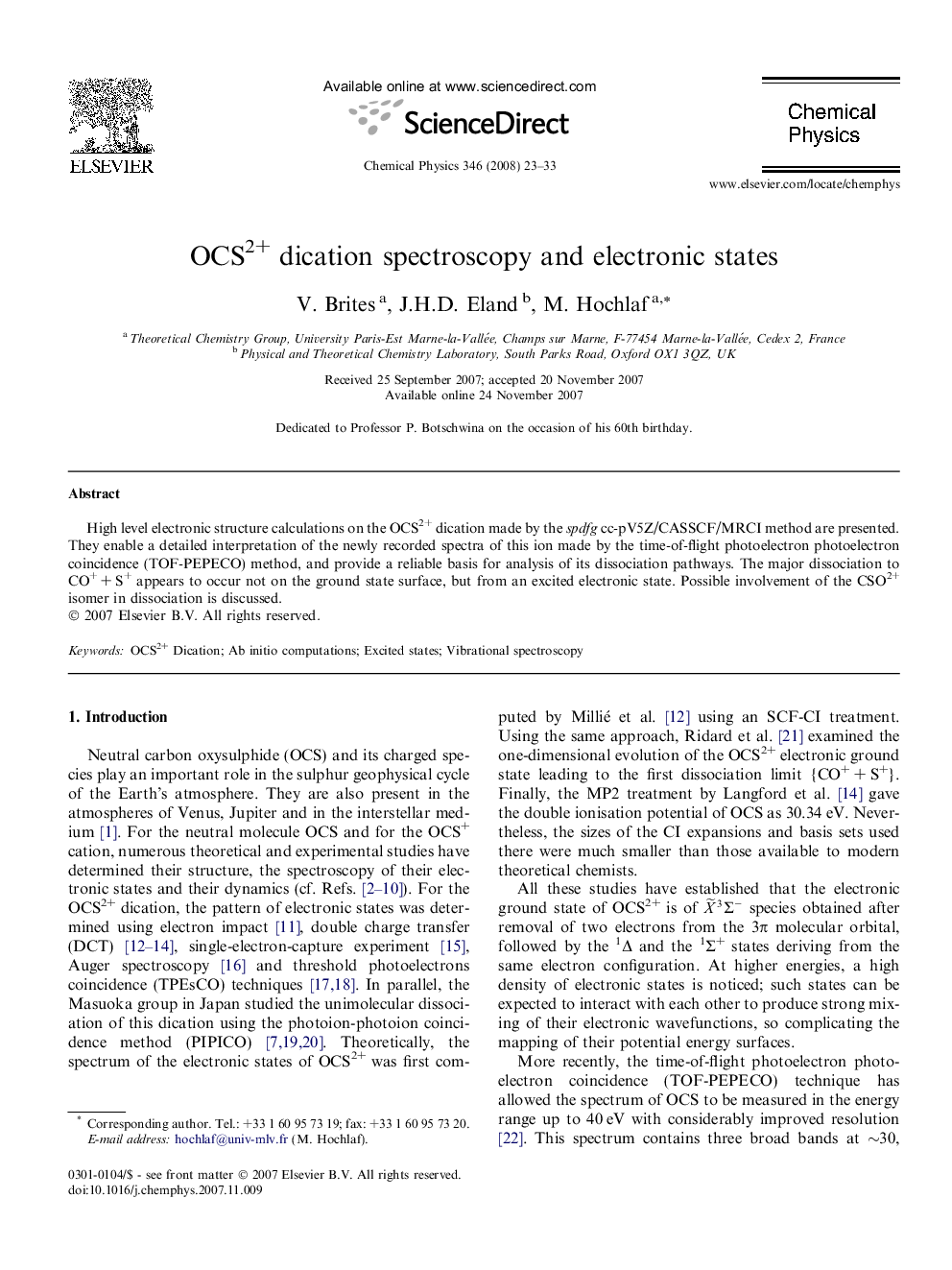 OCS2+ dication spectroscopy and electronic states