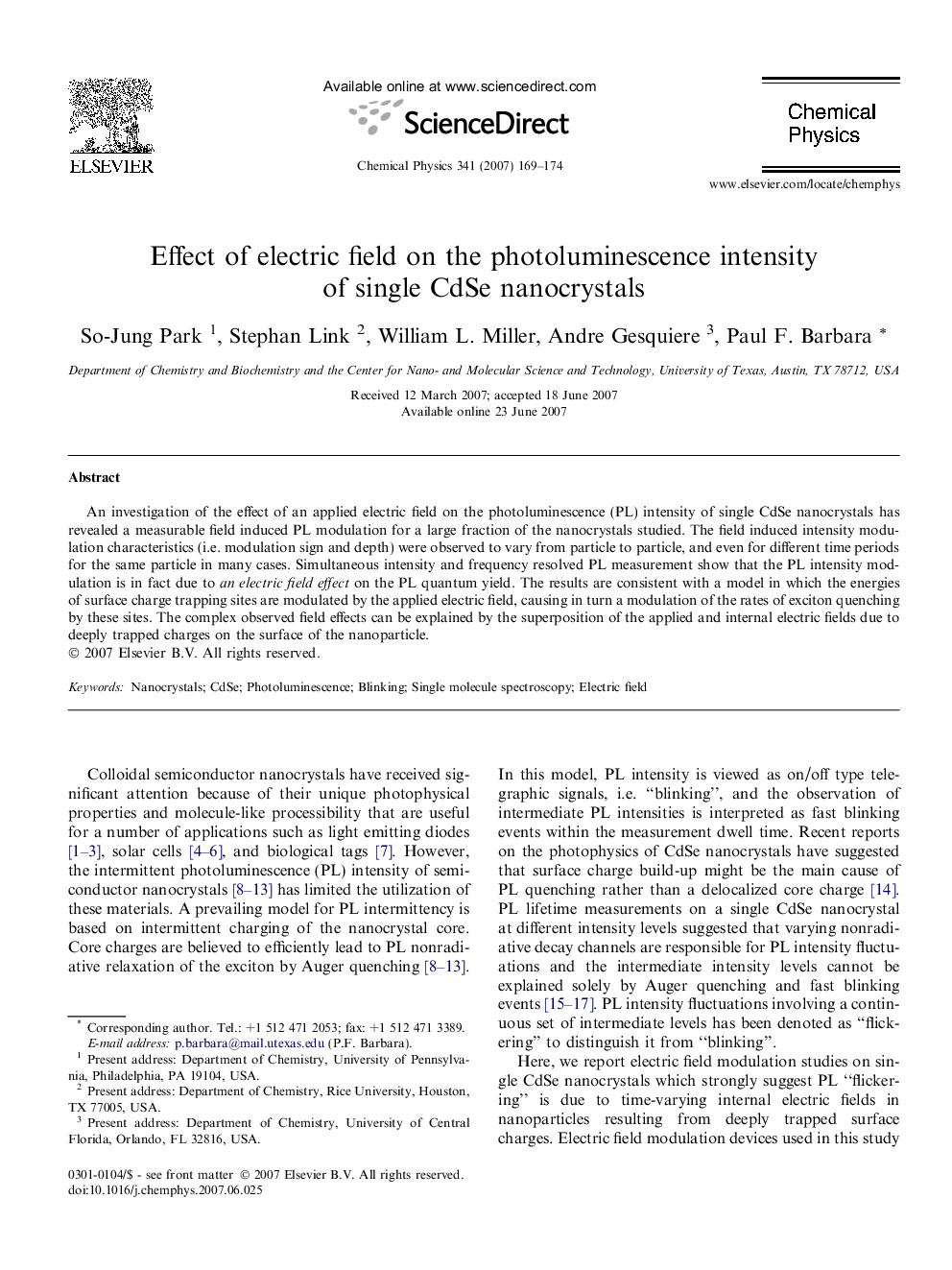 Effect of electric field on the photoluminescence intensity of single CdSe nanocrystals