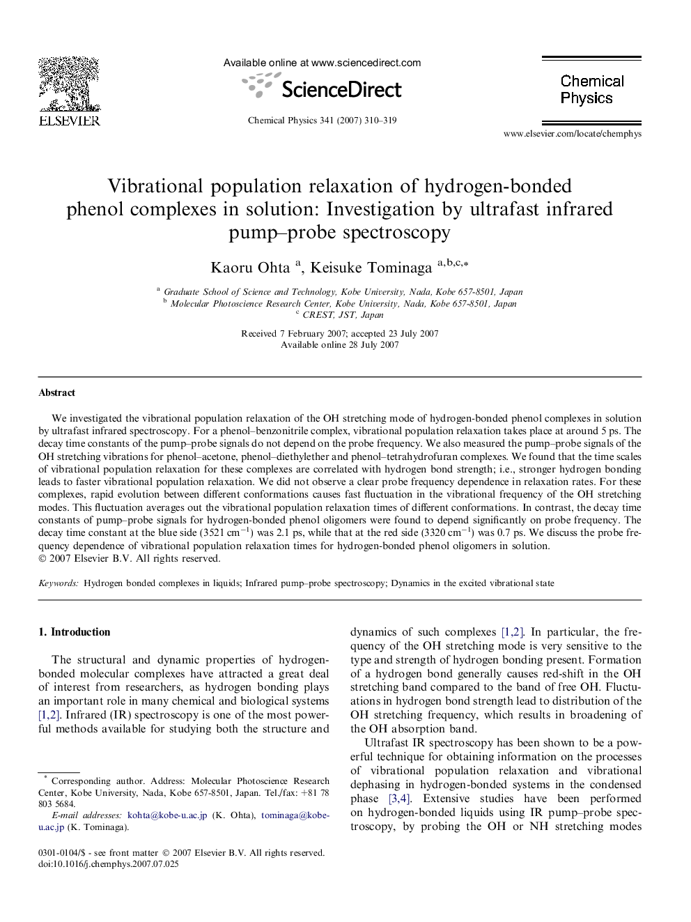 Vibrational population relaxation of hydrogen-bonded phenol complexes in solution: Investigation by ultrafast infrared pump-probe spectroscopy