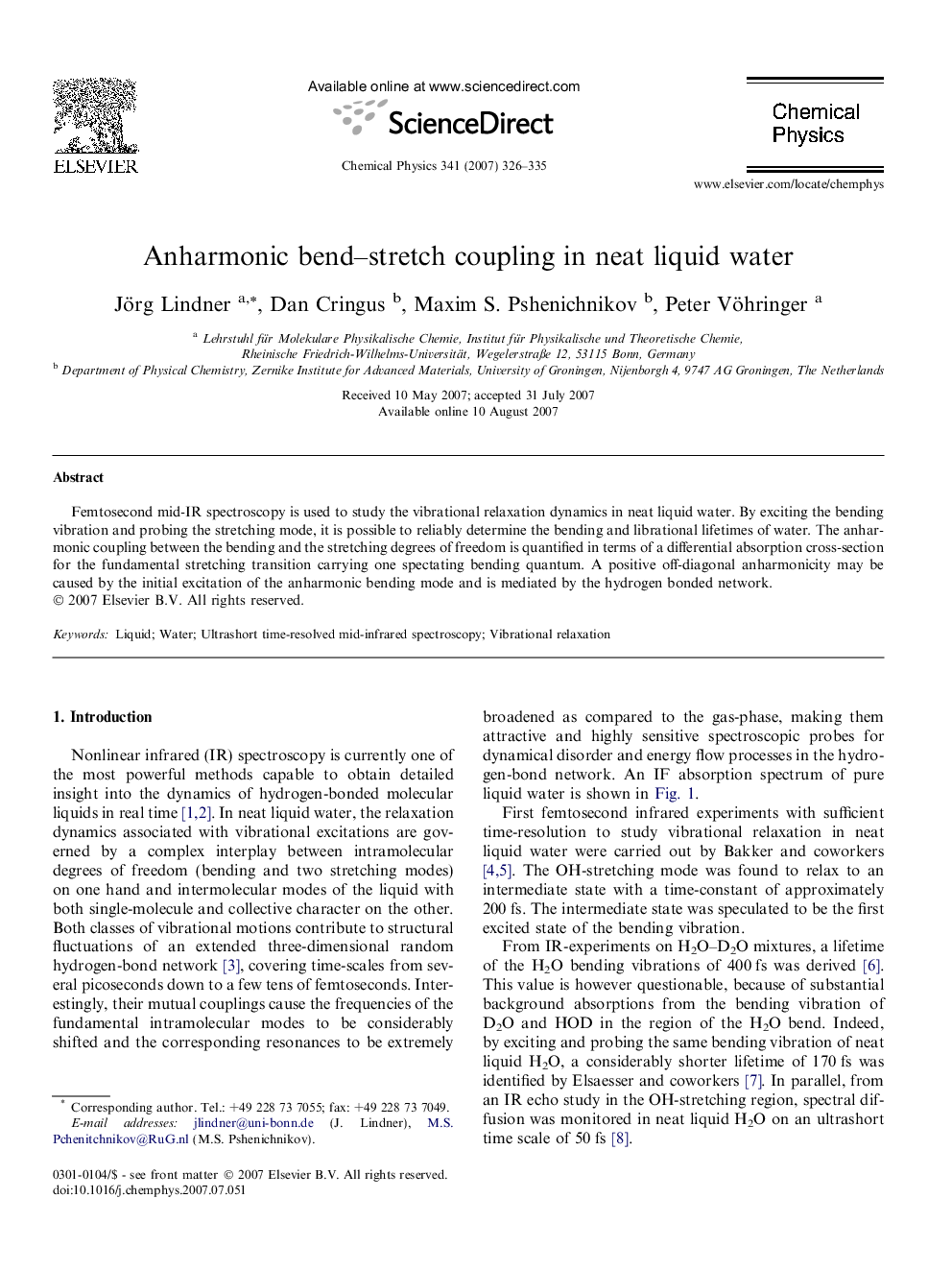 Anharmonic bend-stretch coupling in neat liquid water